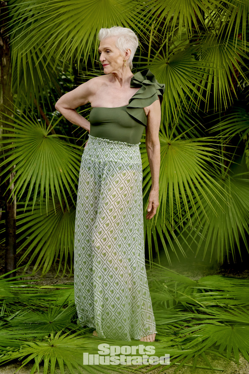 Maye Musk was photographed by Yu Tsai in Belize. Swimsuit by Maygel Coronel. Pants by Caroline Constas. Earrings by Cleopatra's Bling.